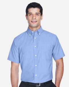 Harriton M600S Men’s Oxford Short Sleeve with Stain-Release – Light Blue (on model)