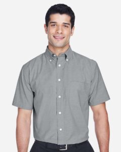 Harriton M600S Men’s Oxford Short Sleeve with Stain-Release – Oxford Grey (on model)