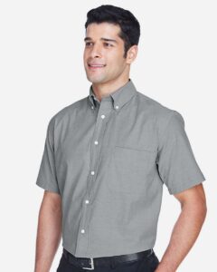 Harriton M600S Men’s Oxford Short Sleeve with Stain-Release – Oxford Grey (on model side)
