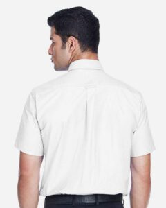 Harriton M600S Men’s Oxford Short Sleeve with Stain-Release – White (on model back)