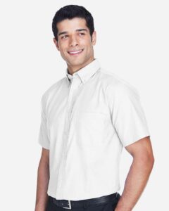 Harriton M600S Men’s Oxford Short Sleeve with Stain-Release – White (on model side)