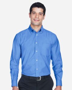 Harriton M600 Men’s Oxford Shirt – French Blue (on model)