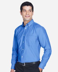 Harriton M600 Men’s Oxford Shirt – French Blue (on model side)