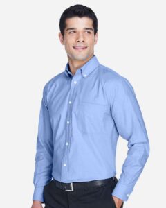 Harriton M600 Men’s Oxford Shirt – Light Blue (on model side)