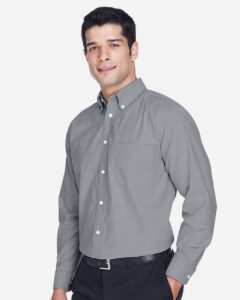 Harriton M600 Men’s Oxford Shirt – Oxford Grey (on model side)