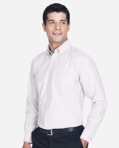 Harriton M600 Men’s Oxford Shirt – White (on model side)