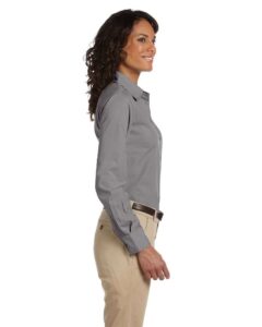 Harriton M510W Women’s Essential Poplin – Dark Grey (on model side)
