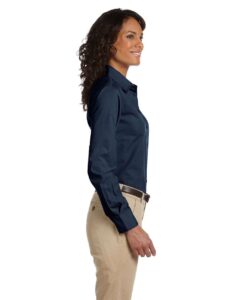 Harriton M510W Women’s Essential Poplin – Navy (on model side)