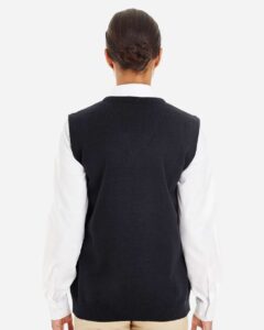 Harriton M415W Women’s Pilbloc™ V-Neck Sweater Vest – Black (on model back)