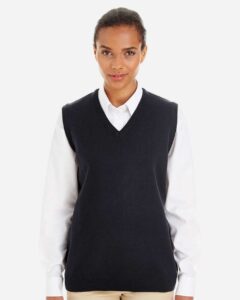 Harriton M415W Women’s Pilbloc™ V-Neck Sweater Vest – Black (on model)