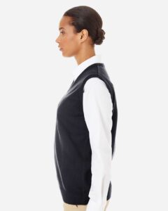 Harriton M415W Women’s Pilbloc™ V-Neck Sweater Vest – Black (on model side)