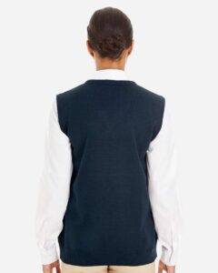 Harriton M415W Women’s Pilbloc™ V-Neck Sweater Vest – Dark Navy (on model back)