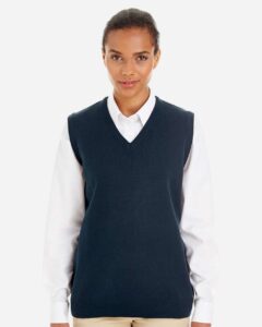 Harriton M415W Women’s Pilbloc™ V-Neck Sweater Vest – Dark Navy (on model)