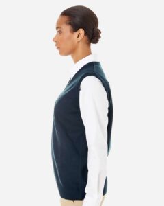 Harriton M415W Women’s Pilbloc™ V-Neck Sweater Vest – Dark Navy (on model side)