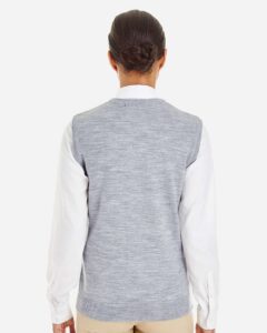Harriton M415W Women’s Pilbloc™ V-Neck Sweater Vest – Grey Heather (on model back)