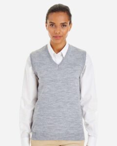 Harriton M415W Women’s Pilbloc™ V-Neck Sweater Vest – Grey Heather (on model)