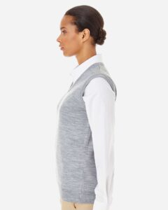 Harriton M415W Women’s Pilbloc™ V-Neck Sweater Vest – Grey Heather (on model side)