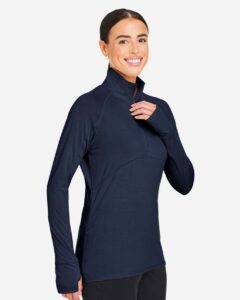 Puma Golf PG400W Women’s Bandon Quarter-Zip Pullover – Navy Blazer (on model side)