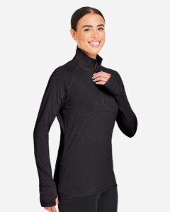 Puma Golf PG400W Women’s Bandon Quarter-Zip Pullover – Puma Black (on model side)