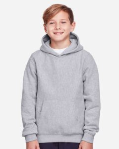Team 365 TT96Y Youth Zone HydroSport™ Heavyweight Hooded Sweatshirt – Athletic Heather (on model)
