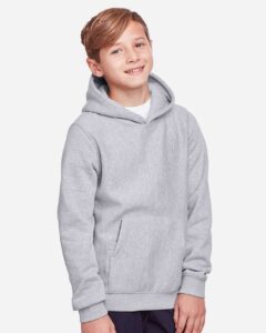 Team 365 TT96Y Youth Zone HydroSport™ Heavyweight Hooded Sweatshirt – Athletic Heather (on model side)