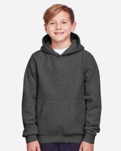 Team 365 TT96Y Youth Zone HydroSport™ Heavyweight Hooded Sweatshirt – Dark Grey Heather (on model)