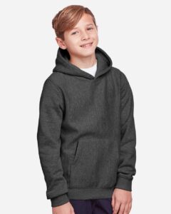 Team 365 TT96Y Youth Zone HydroSport™ Heavyweight Hooded Sweatshirt – Dark Grey Heather (on model side)
