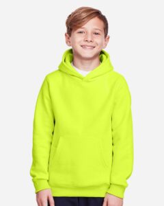 Team 365 TT96Y Youth Zone HydroSport™ Heavyweight Hooded Sweatshirt – Safety Yellow (on model)