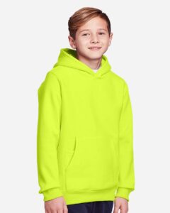 Team 365 TT96Y Youth Zone HydroSport™ Heavyweight Hooded Sweatshirt – Safety Yellow (on model side)
