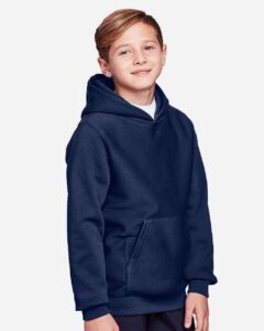Team 365 TT96Y Youth Zone HydroSport™ Heavyweight Hooded Sweatshirt – Sport Dark Navy (on model side)