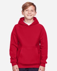 Team 365 TT96Y Youth Zone HydroSport™ Heavyweight Hooded Sweatshirt – Sport Red (on model)
