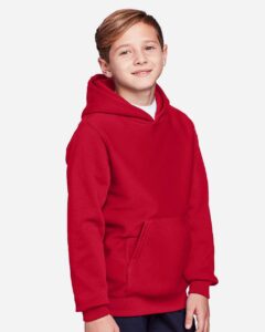 Team 365 TT96Y Youth Zone HydroSport™ Heavyweight Hooded Sweatshirt – Sport Red (on model side)