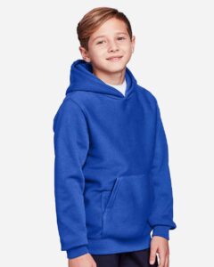 Team 365 TT96Y Youth Zone HydroSport™ Heavyweight Hooded Sweatshirt – Sport Royal (on model side)