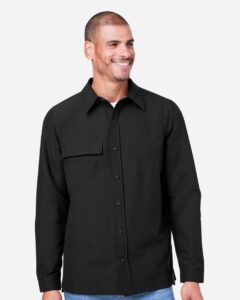 Harriton M72 Unisex Flex Twill Overshirt Jacket – Black (on model)