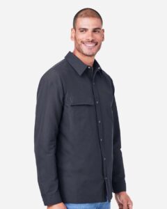 Harriton M72 Unisex Flex Twill Overshirt Jacket – Dark Charcoal (on model side)