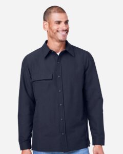 Harriton M72 Unisex Flex Twill Overshirt Jacket – Dark Navy (on model)