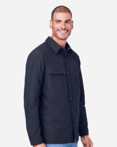 Harriton M72 Unisex Flex Twill Overshirt Jacket – Dark Navy (on model side)