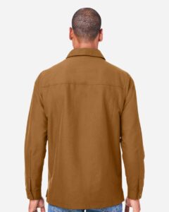 Harriton M72 Unisex Flex Twill Overshirt Jacket – Duck Brown (on model back)