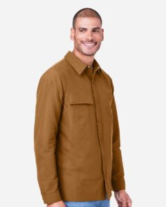 Harriton M72 Unisex Flex Twill Overshirt Jacket – Duck Brown (on model side)