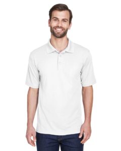 UltraClub 8210 Men’s Cool & Dry Mesh Piqué Polo – White (on model)
