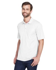 UltraClub 8210 Men’s Cool & Dry Mesh Piqué Polo – White (on model side)