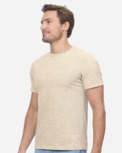 Threadfast Apparel T1001 Unisex Epic CVC T-Shirt – Heather Sand (on model side)