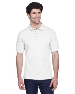 UltraClub 8535 Men’s Classic Piqué Polo – White (on model)