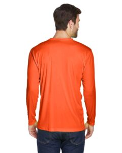 UltraClub 8422 Men’s Cool & Dry Sport Long Sleeve Performance Interlock T-Shirt – Bright Orange (on model back)