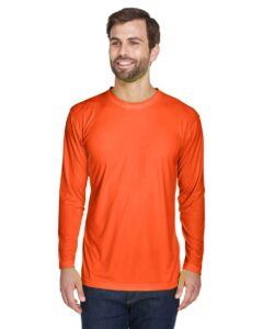UltraClub 8422 Men’s Cool & Dry Sport Long Sleeve Performance Interlock T-Shirt – Bright Orange (on model)