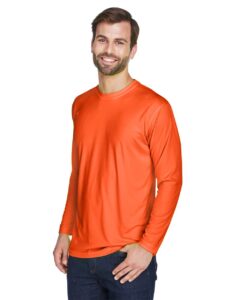 UltraClub 8422 Men’s Cool & Dry Sport Long Sleeve Performance Interlock T-Shirt – Bright Orange (on model side)