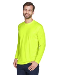 UltraClub 8422 Men’s Cool & Dry Sport Long Sleeve Performance Interlock T-Shirt – Bright Yellow (on model side)