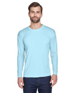 UltraClub 8422 Men’s Cool & Dry Sport Long Sleeve Performance Interlock T-Shirt – Ice Blue (on model)