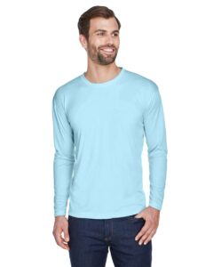 UltraClub 8422 Men’s Cool & Dry Sport Long Sleeve Performance Interlock T-Shirt – Ice Blue (on model side)