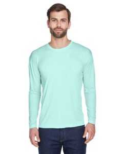 UltraClub 8422 Men’s Cool & Dry Sport Long Sleeve Performance Interlock T-Shirt – Sea Frost (on model)